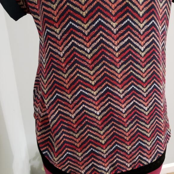 Chevron Striped Zipper Semi Sheer Short Sleeve Top Large Indie Boho Chic Retr - Picture 11 of 13